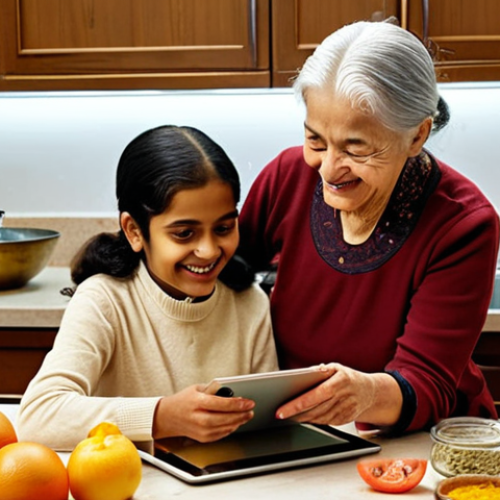 Home 11 Digital Family Cookbook**
A warmly lit kitchen scene. An elderly woman, smiling, is showing a young woman (possibly her granddaughter) a recipe on a tablet. The tablet displays a website or blog page with a traditional Bengali recipe, complete with photos and stories. Ingredients are scattered artfully on the counter. Emphasis on the intergenerational connection and modern technology preserving heritage.
**