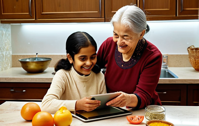 Digital Family Cookbook**
A warmly lit kitchen scene. An elderly woman, smiling, is showing a young woman (possibly her granddaughter) a recipe on a tablet. The tablet displays a website or blog page with a traditional Bengali recipe, complete with photos and stories. Ingredients are scattered artfully on the counter. Emphasis on the intergenerational connection and modern technology preserving heritage.
**