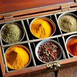 **A spice box filled with colorful spices, with focus on cumin and turmeric, with sunlight.** (This captures the essence of the spices and their connection to family history and tradition.)