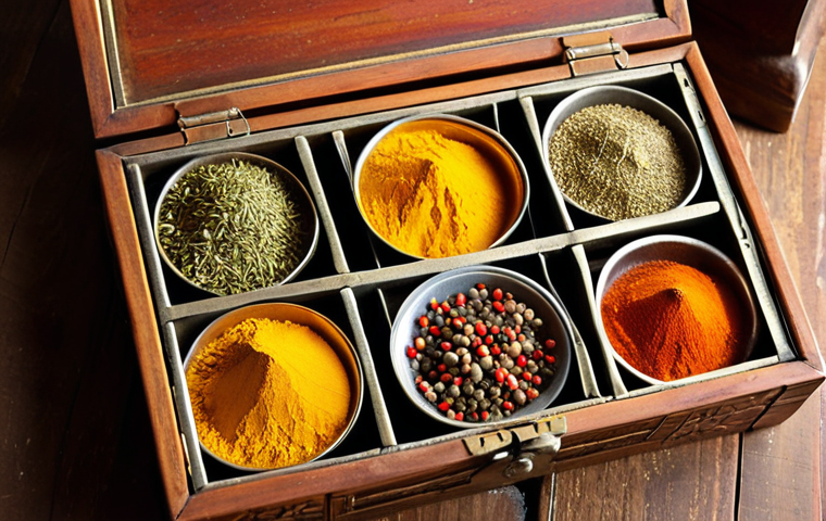 **A spice box filled with colorful spices, with focus on cumin and turmeric, with sunlight.** (This captures the essence of the spices and their connection to family history and tradition.)