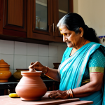 **

A grandmother in a modest saree, fully clothed, teaching her granddaughter (age 8-10, appropriate attire) how to cook a traditional Bengali dish in a sunlit kitchen. The kitchen features classic Bengali elements like clay pots and spice containers. Safe for work, appropriate content, professional photography, perfect anatomy, natural proportions, family-friendly, high quality.

**