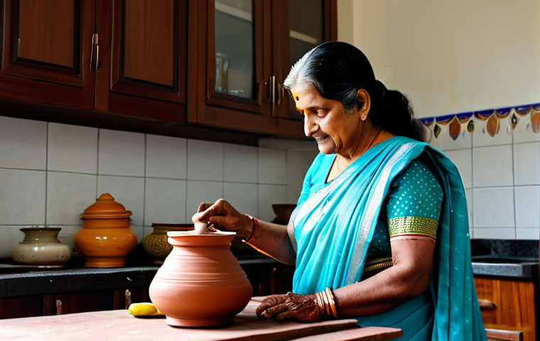 **

A grandmother in a modest saree, fully clothed, teaching her granddaughter (age 8-10, appropriate attire) how to cook a traditional Bengali dish in a sunlit kitchen. The kitchen features classic Bengali elements like clay pots and spice containers. Safe for work, appropriate content, professional photography, perfect anatomy, natural proportions, family-friendly, high quality.

**