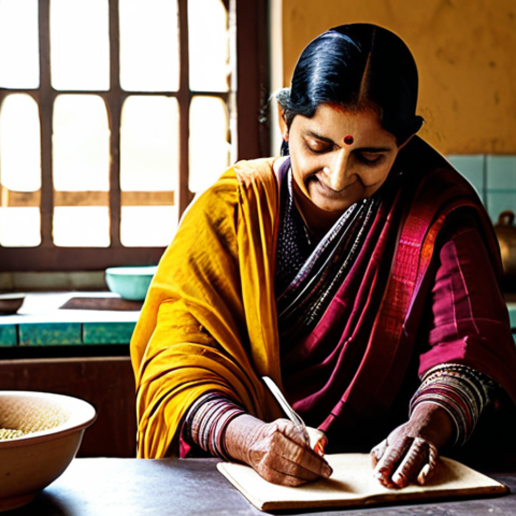 **
A warm and inviting scene of a Bengali grandmother (Dida/Thakuma) sharing a handwritten recipe with her granddaughter in a sunlit kitchen. The kitchen features traditional Bengali elements like spice racks and earthen pots. Both are fully clothed in modest, traditional Bengali attire (e.g., saree, salwar kameez). Focus on the intergenerational connection and the passing down of culinary heritage. Safe for work, appropriate content, fully clothed, professional, modest, family-friendly, perfect anatomy, correct proportions, natural pose, well-formed hands, proper finger count, natural body proportions, high quality.
**