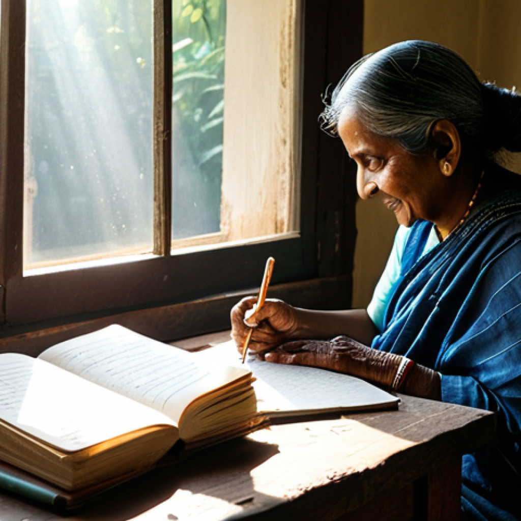 Documenting Family Recipes**
"A warm, inviting kitchen scene. A grandmother (fully clothed in traditional Bengali attire, modest clothing) sits at a wooden table, teaching her granddaughter (fully clothed, age-appropriate, modest clothing) how to transcribe a handwritten recipe from an old, worn notebook. The notebook is open, displaying faded Bengali script. Sunlight streams through a window, illuminating dust motes dancing in the air. Safe for work, appropriate content, family-friendly, professional photography, perfect anatomy, natural proportions, well-formed hands, proper finger count."
**