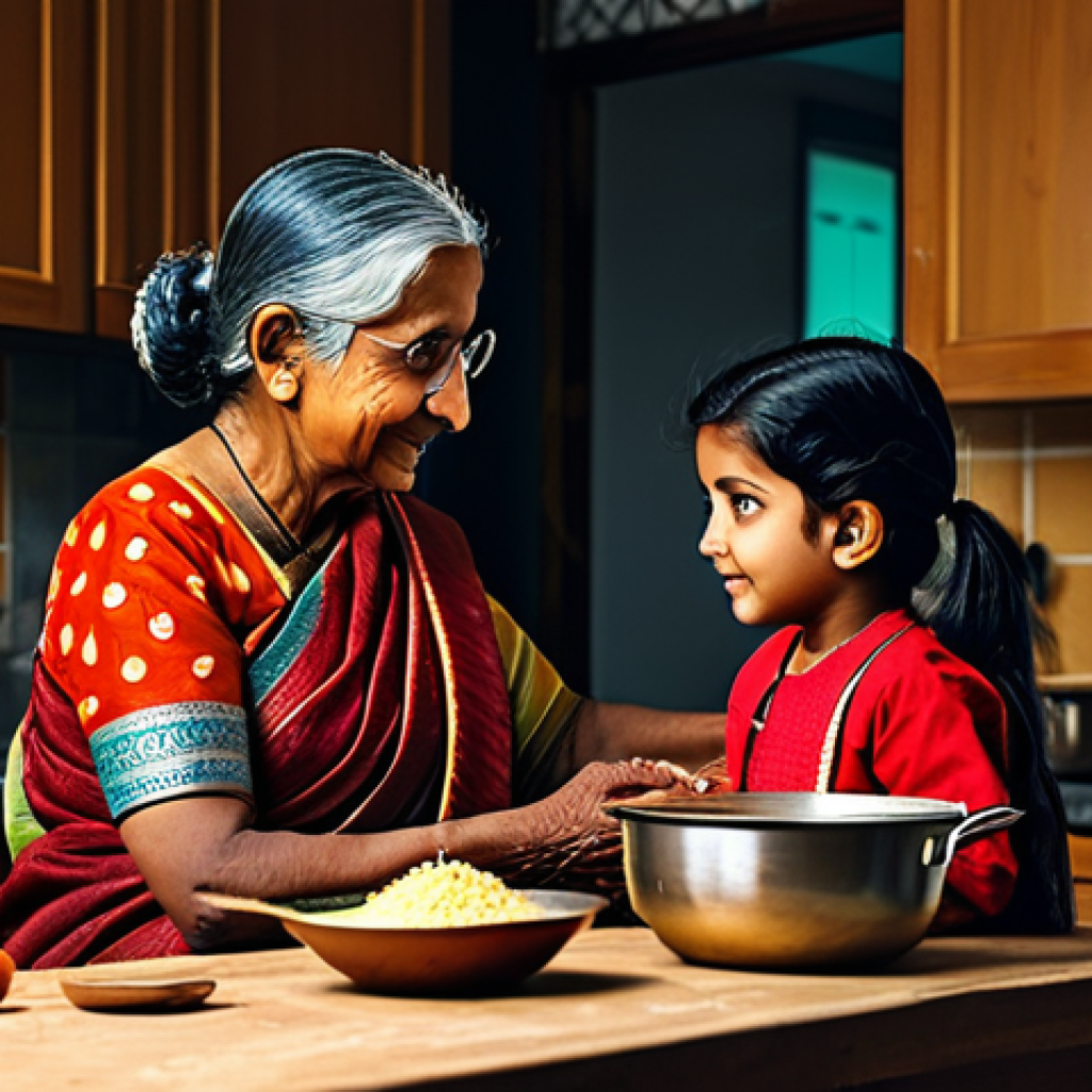 Family Storytelling**
"A grandmother, fully clothed in a traditional Bengali sari, telling a story to her granddaughter in a cozy kitchen. The kitchen has warm lighting and traditional cookware visible. Safe for work, appropriate content, professional, modest clothing, perfect anatomy, natural pose, high-quality, family-friendly."
**
