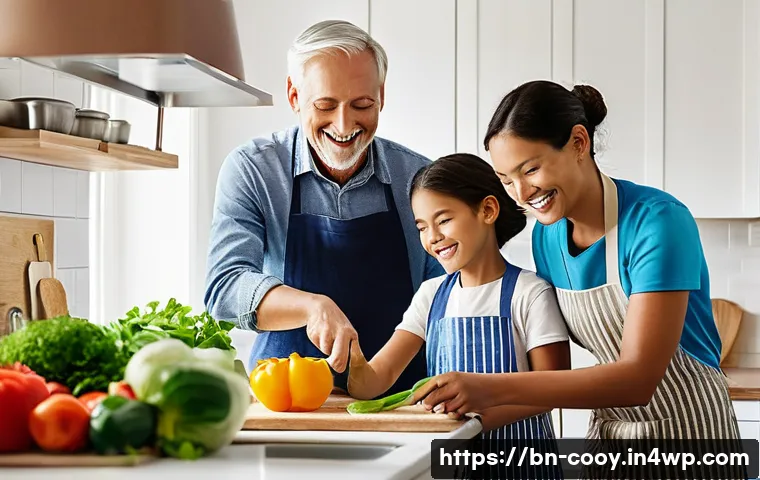 가족 요리 프로젝트 아이디어 - **Prompt:** A happy and diverse family of four (parents in their 30s-40s, a boy and a girl aged 7-10...