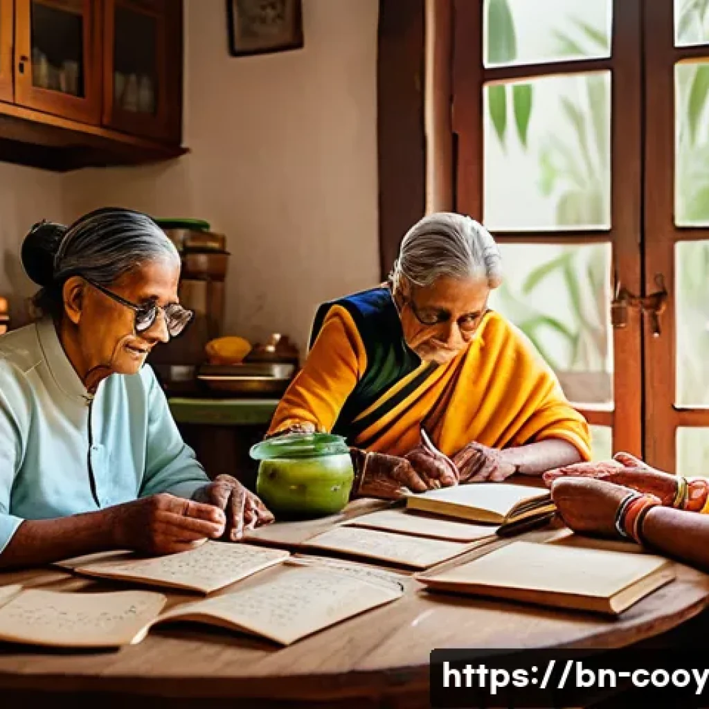 가족 요리 유산 문서화 방법 - A cozy family kitchen scene with multiple generations of Bengali family members, including elders an...