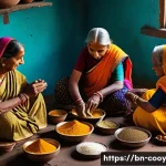 Home 21 가족 요리 유산 기록을 위한 인터뷰 방법 - A warm, intimate family kitchen scene in rural Bengal, featuring elderly Bengali women wearing tradi...