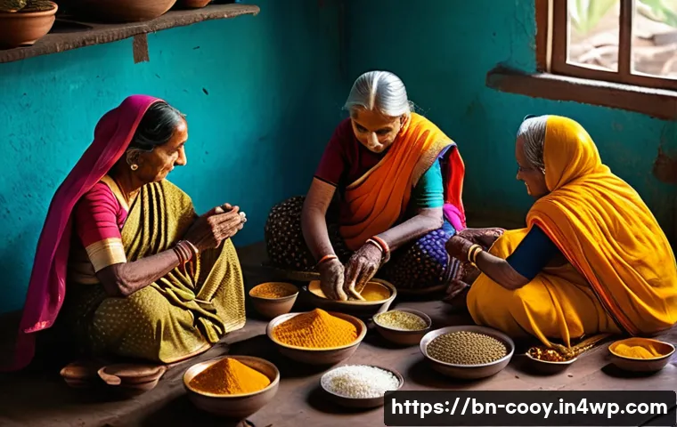 가족 요리 유산 기록을 위한 인터뷰 방법 - A warm, intimate family kitchen scene in rural Bengal, featuring elderly Bengali women wearing tradi...