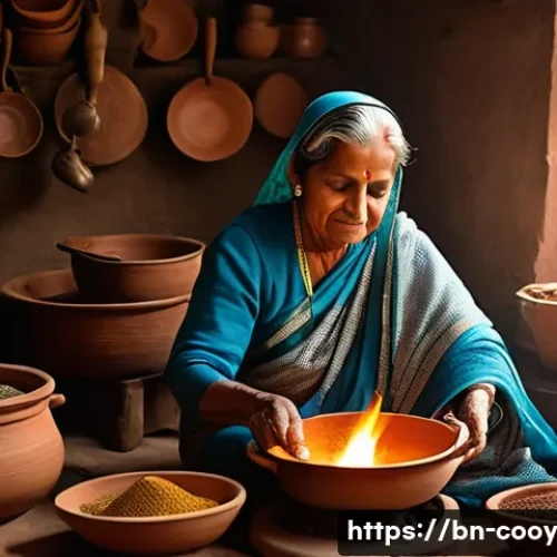 Home 32 세대별 요리 스타일 비교 분석 - A warm, nostalgic kitchen scene depicting an elderly Bengali woman cooking traditional dishes in a r...