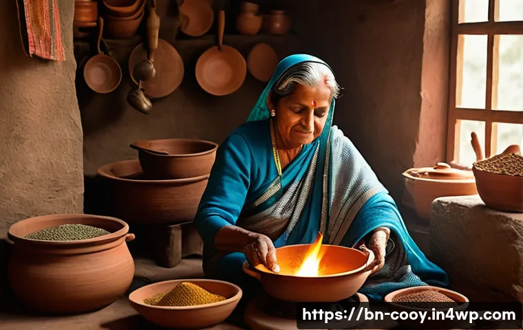 세대별 요리 스타일 비교 분석 - A warm, nostalgic kitchen scene depicting an elderly Bengali woman cooking traditional dishes in a r...
