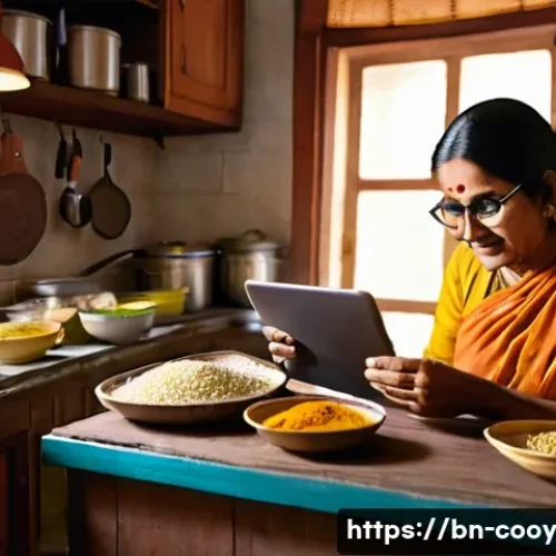 Home 31 가족 레시피의 디지털 저장법 - A cozy Bengali family kitchen scene featuring a middle-aged woman using a smartphone and laptop side...