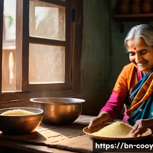 Home 30 특별한 가족 행사와 요리 유산 기록하기 - A warm, vibrant Bengali family kitchen scene during winter, featuring an elderly grandmother prepari...