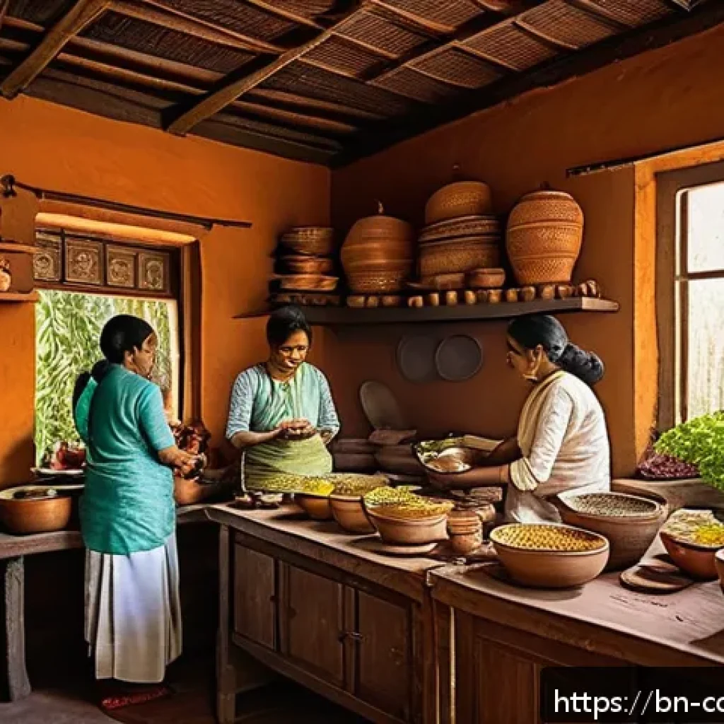 가족의 요리 전통을 정리하는 법 - A warm and inviting traditional Bengali kitchen scene showing a family of various ages cooking toget...