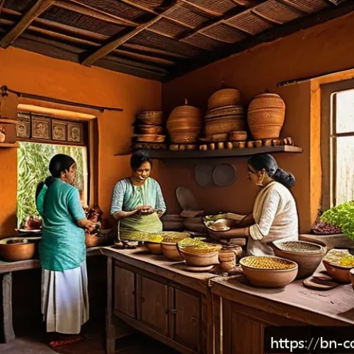 Home 17 가족의 요리 전통을 정리하는 법 - A warm and inviting traditional Bengali kitchen scene showing a family of various ages cooking toget...