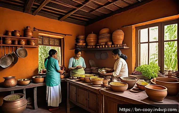 가족의 요리 전통을 정리하는 법 - A warm and inviting traditional Bengali kitchen scene showing a family of various ages cooking toget...