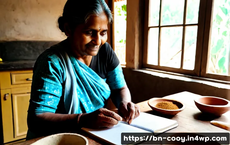 Home 17 가족 요리 유산에 대한 인터뷰 글쓰기 - Photorealistic documentary-style scene of a Bengali grandmother in a modest sunlit home kitchen shar...